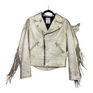Adidas JEREMY SCOTT GOLD LEATHER BIKER JACKET WITH WINGS Size Small EUC Fringe